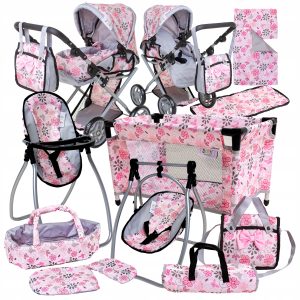 Wózek dla lalek 3w1 ŁÓŻECZKO KRZESEŁKO POŚCIEL TORBA PRZEWIJAK ZESTAW XXL